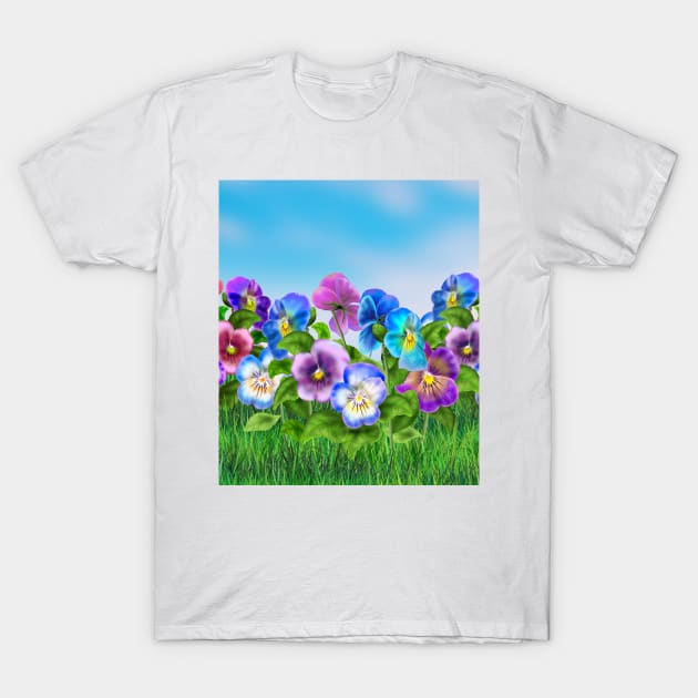 Beautiful Pansy Flowers Violet Viola Tricolor Floral Pattern. Watercolor Hand Drawn Decoration. Spring colorful pansies in bloom garden flowers  blue sky, sunny day landscape. T-Shirt by sofiartmedia